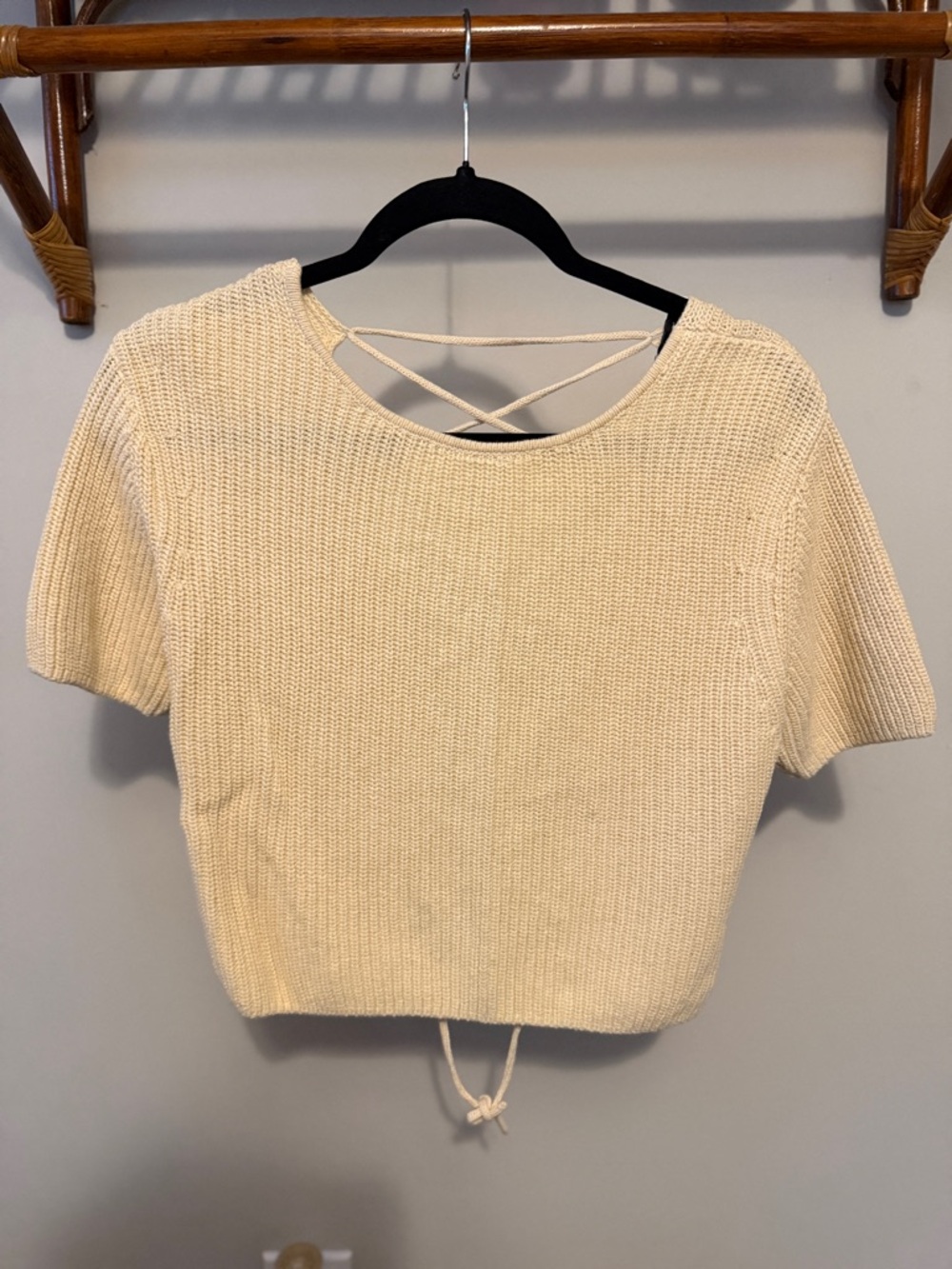 Zara Cream Short-Sleeve Knit Cropped Top with Open Back Tie